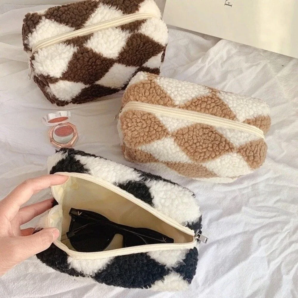 Black Checkered Plush Cosmetic Makeup Bag